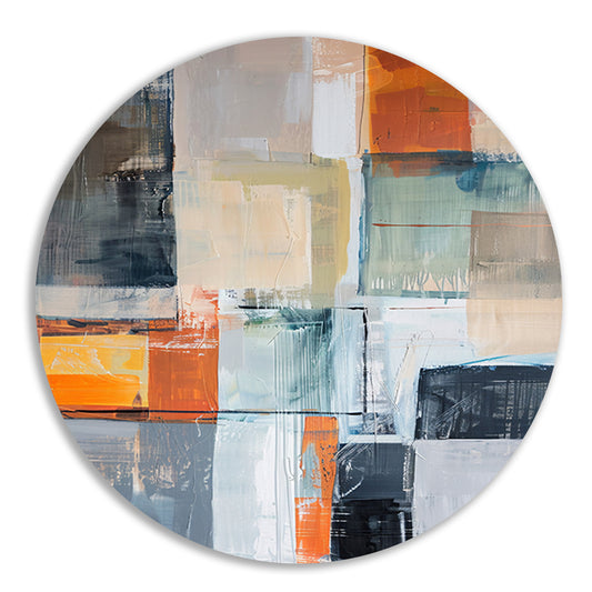 Abstract geometrisch schilderij met vierkanten en kleuren aluminium muurcirkel