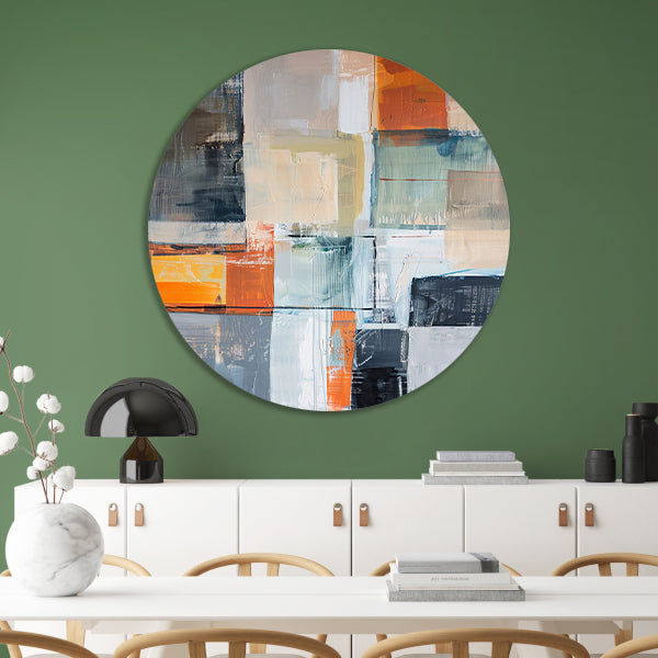 Abstract geometrisch schilderij met vierkanten en kleuren aluminium muurcirkel