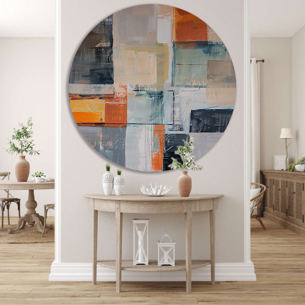 Abstract geometrisch schilderij met vierkanten en kleuren aluminium muurcirkel