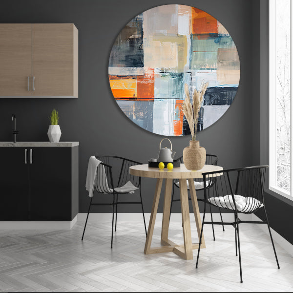 Abstract geometrisch schilderij met vierkanten en kleuren aluminium muurcirkel