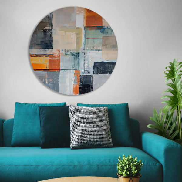 Abstract geometrisch schilderij met vierkanten en kleuren aluminium muurcirkel