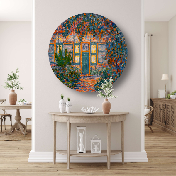 Kleine huis in de zon - Piet Mondriaan aluminium muurcirkel