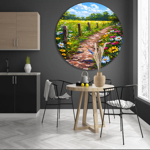 Schilderachtig bloemenpad in kleurrijk landschap aluminium muurcirkel