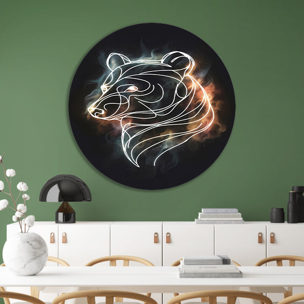 Beer in Sterrennacht: Moderne Lijnkunst aluminium muurcirkel