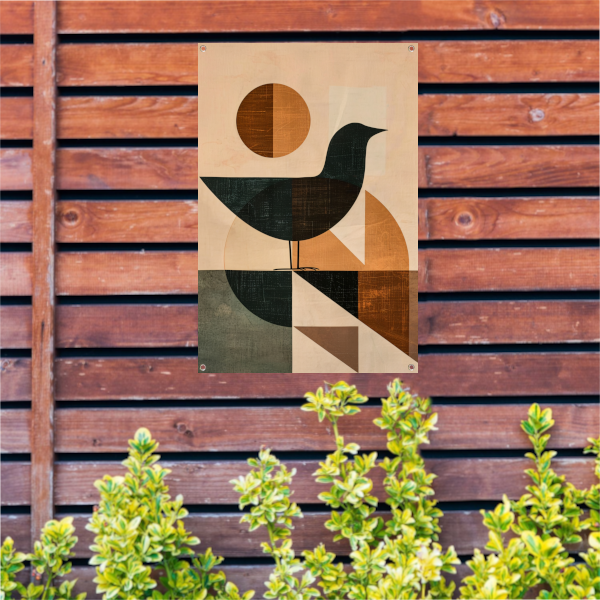 Abstracte vogel met geometrische vormen tuinposter
