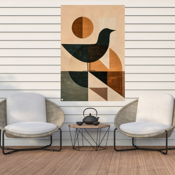 Abstracte vogel met geometrische vormen tuinposter