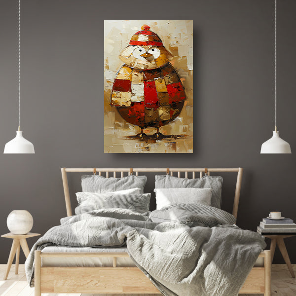 Kleurrijke abstracte vogel met hoed schilderij poster