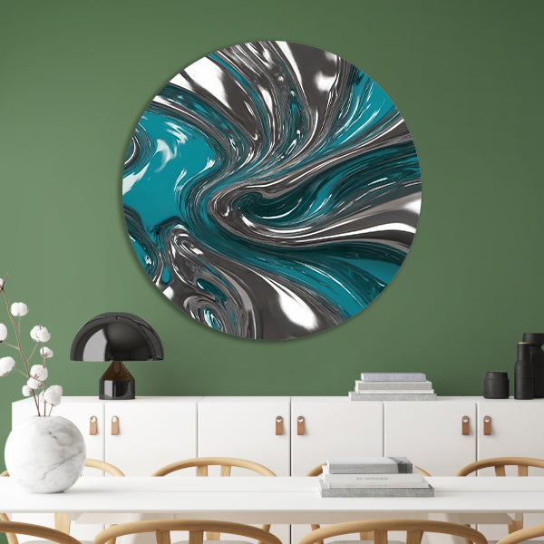 Dynamische turquoise zilveren abstracte werveling aluminium muurcirkel