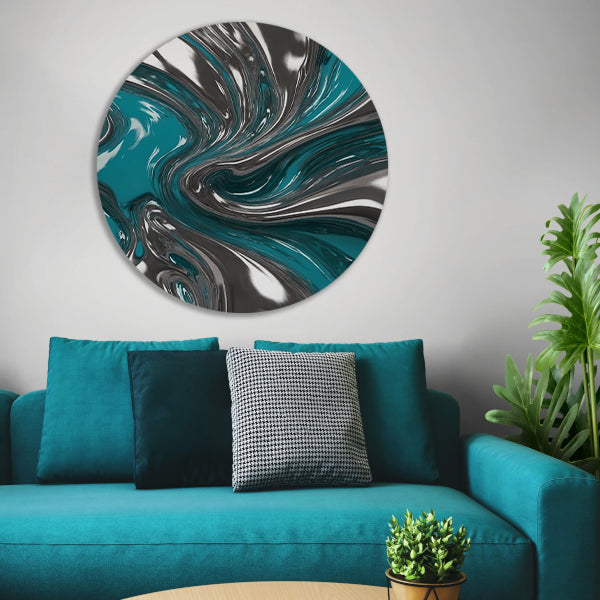 Dynamische turquoise zilveren abstracte werveling aluminium muurcirkel