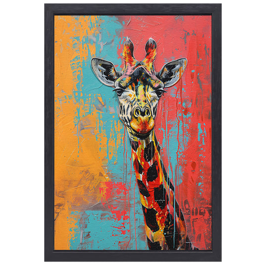 Kleurrijk schilderij van een giraffe canvas met baklijst
