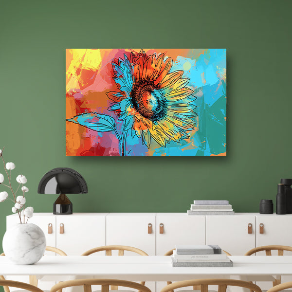 Abstracte kleurrijke zonnebloem schilderij met lijnwerk poster