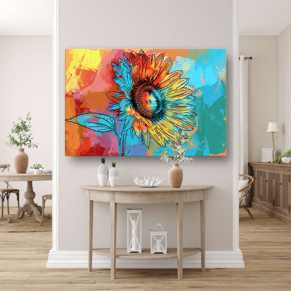 Abstracte kleurrijke zonnebloem schilderij met lijnwerk poster