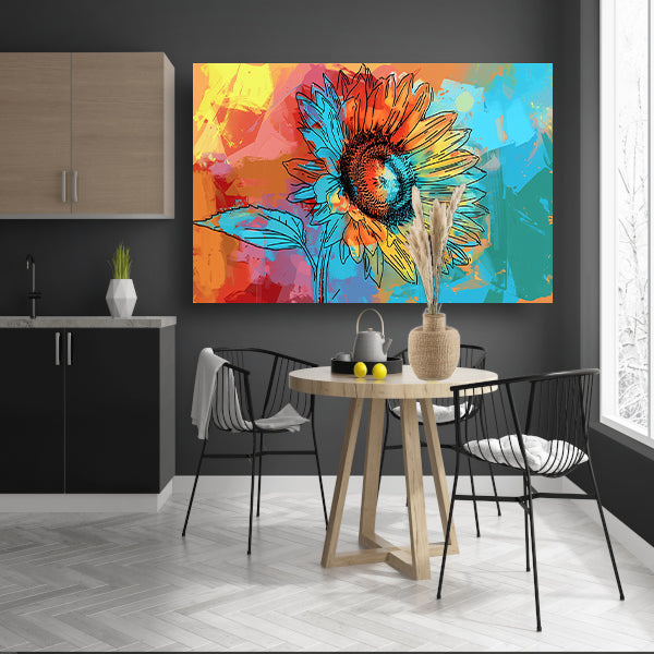 Abstracte kleurrijke zonnebloem schilderij met lijnwerk poster