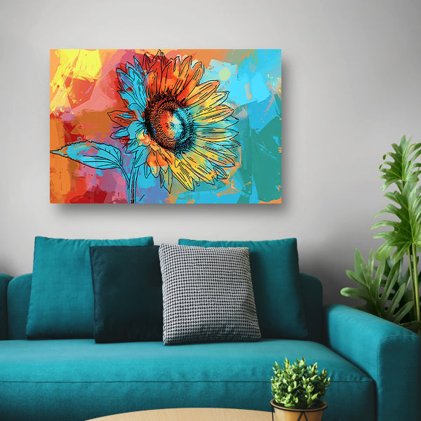 Abstracte kleurrijke zonnebloem schilderij met lijnwerk poster