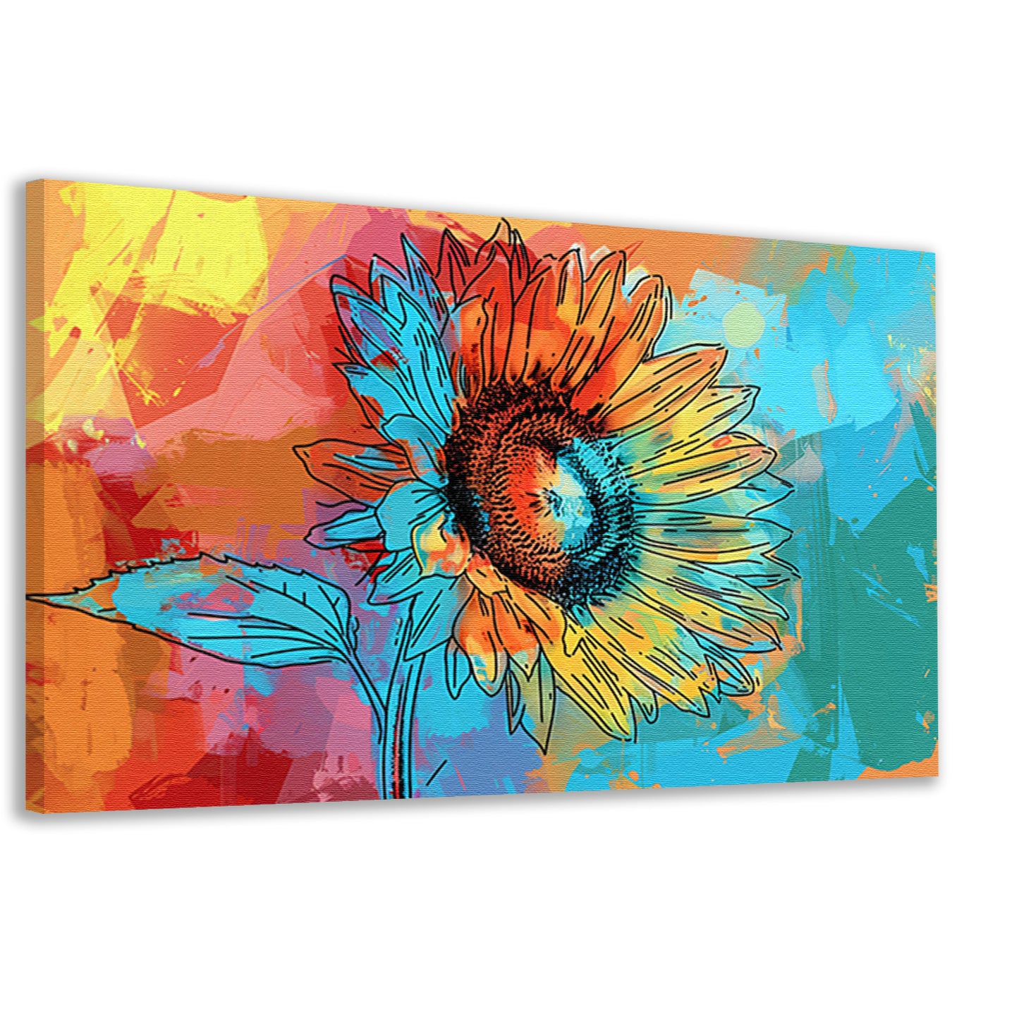 Abstracte kleurrijke zonnebloem schilderij met lijnwerk canvas