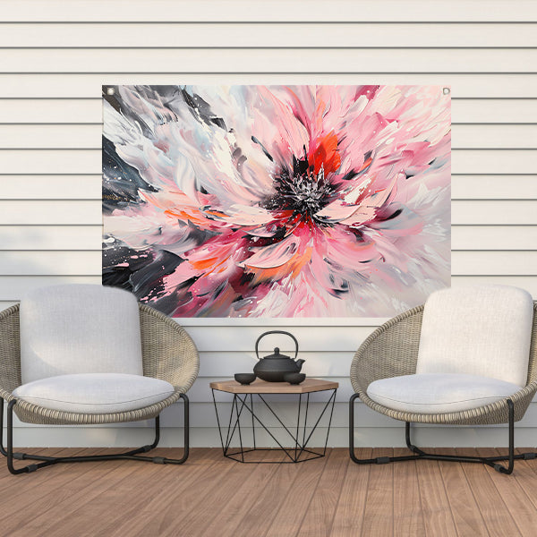 Abstract schilderij van chrysant in dynamische kleuren tuinposter
