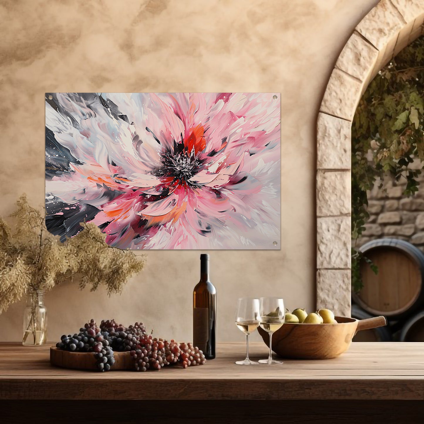 Abstract schilderij van chrysant in dynamische kleuren tuinposter