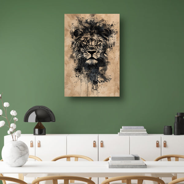 Abstract zwart-wit leeuwenportret met verfspetters canvas