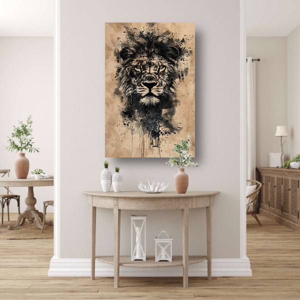 Abstract zwart-wit leeuwenportret met verfspetters canvas