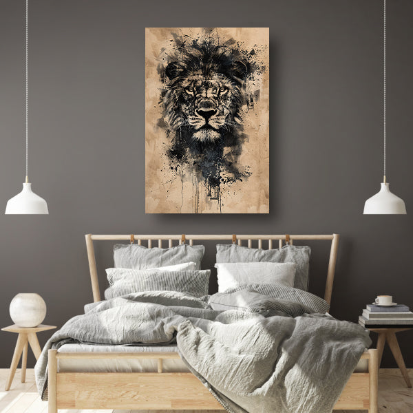 Abstract zwart-wit leeuwenportret met verfspetters canvas