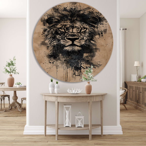 Abstract zwart-wit leeuwenportret met verfspetters aluminium muurcirkel