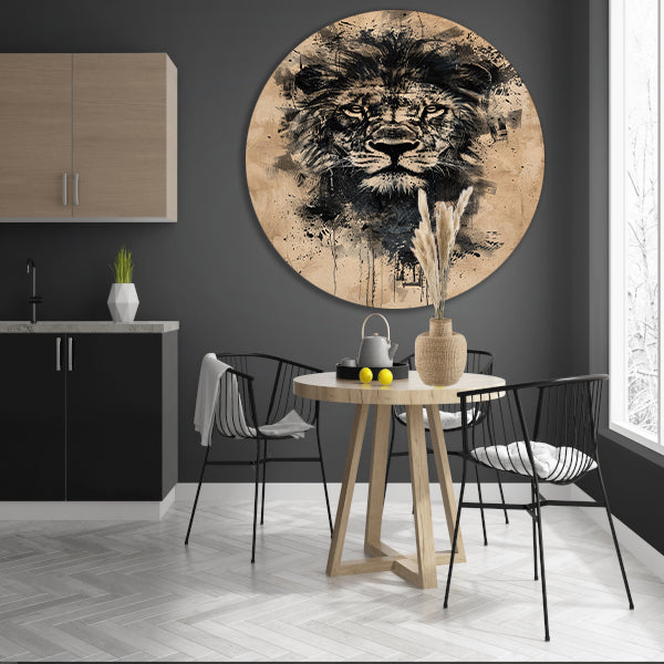 Abstract zwart-wit leeuwenportret met verfspetters aluminium muurcirkel