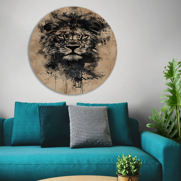 Abstract zwart-wit leeuwenportret met verfspetters aluminium muurcirkel