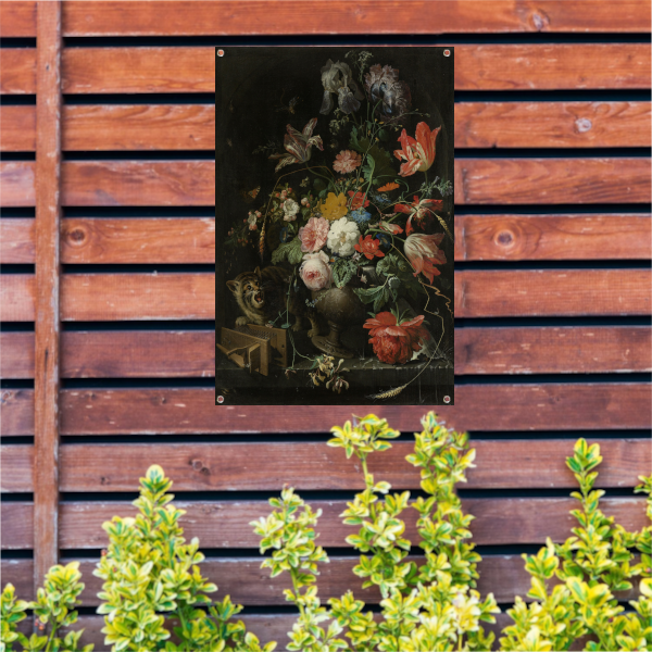 Bloemstilleven met kat en muizenval - Abraham Mignon tuinposter
