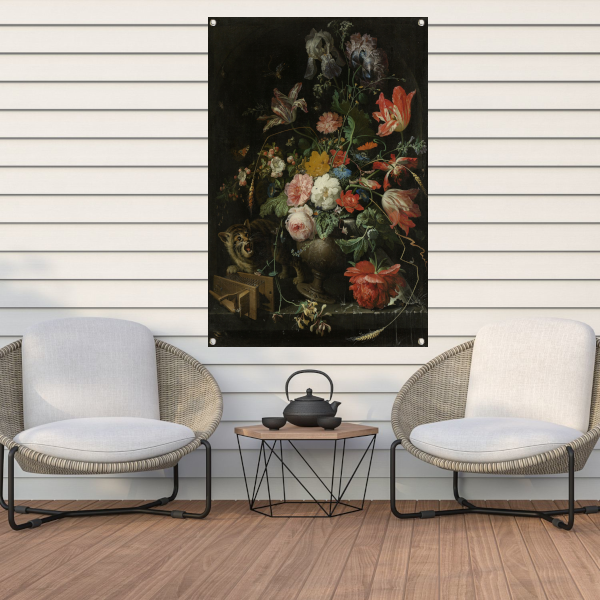 Bloemstilleven met kat en muizenval - Abraham Mignon tuinposter