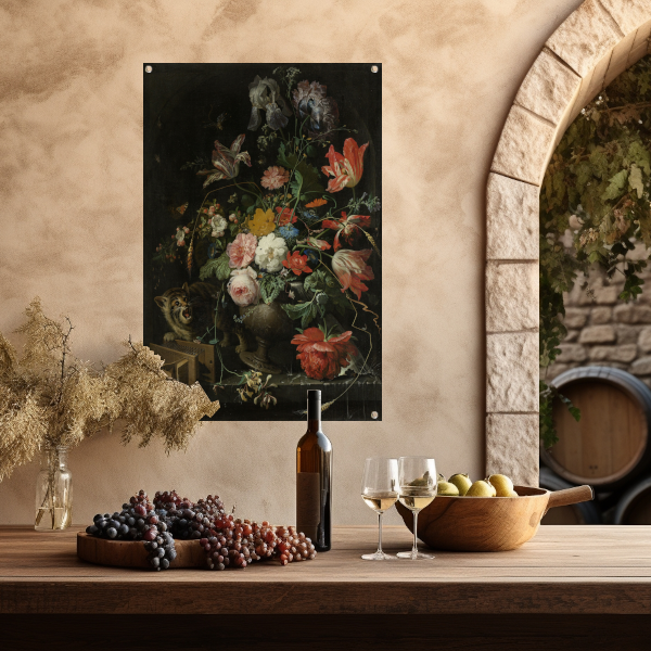 Bloemstilleven met kat en muizenval - Abraham Mignon tuinposter