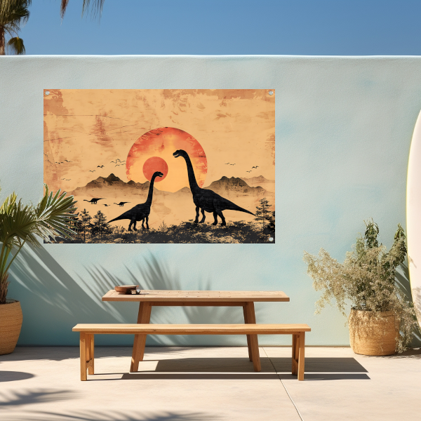 Silhouetten van dinosaurussen tijdens zonsondergang tuinposter