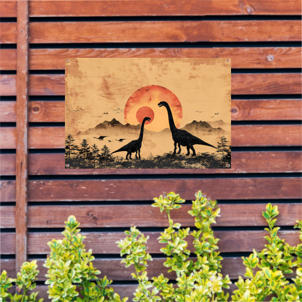 Silhouetten van dinosaurussen tijdens zonsondergang tuinposter