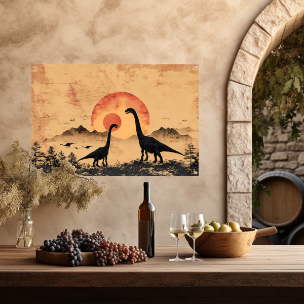 Silhouetten van dinosaurussen tijdens zonsondergang tuinposter