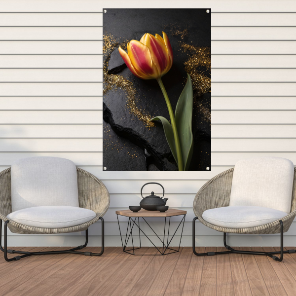 Rode en Gele Tulp met Gouden Glitters tuinposter