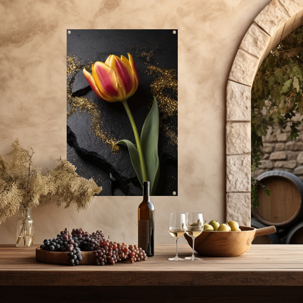Rode en Gele Tulp met Gouden Glitters tuinposter