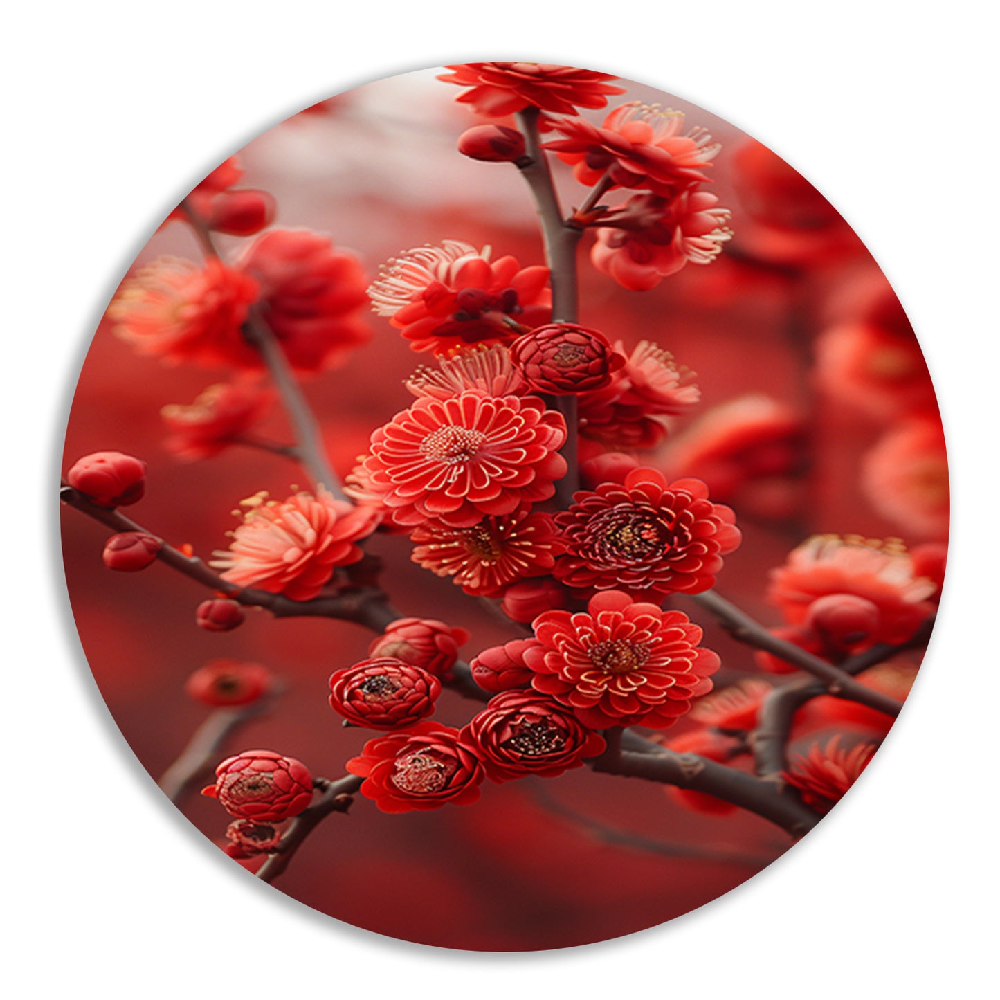 Rode Bloemen in Zachte Focus aluminium muurcirkel