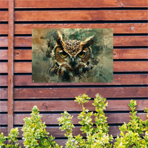 Abstracte mystieke uil met verfspatten tuinposter
