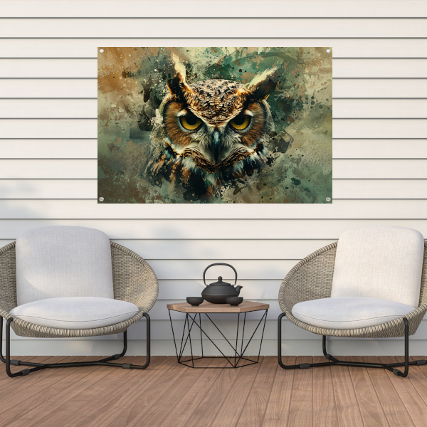 Abstracte mystieke uil met verfspatten tuinposter
