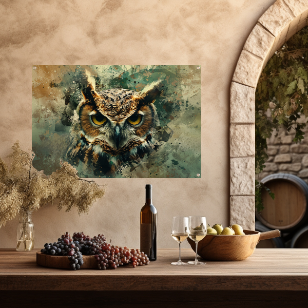 Abstracte mystieke uil met verfspatten tuinposter