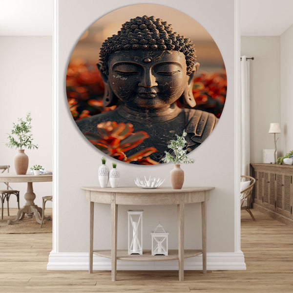 Boeddha tussen bloesems onder gouden licht aluminium muurcirkel