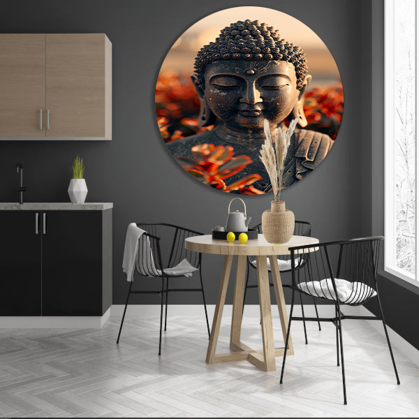 Boeddha tussen bloesems onder gouden licht aluminium muurcirkel