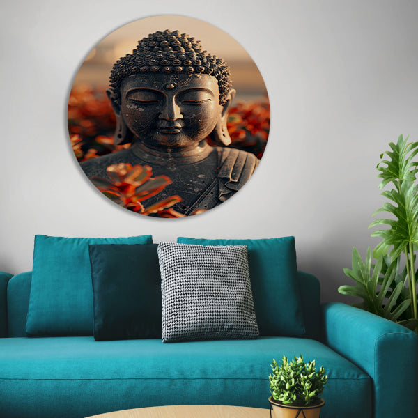 Boeddha tussen bloesems onder gouden licht aluminium muurcirkel