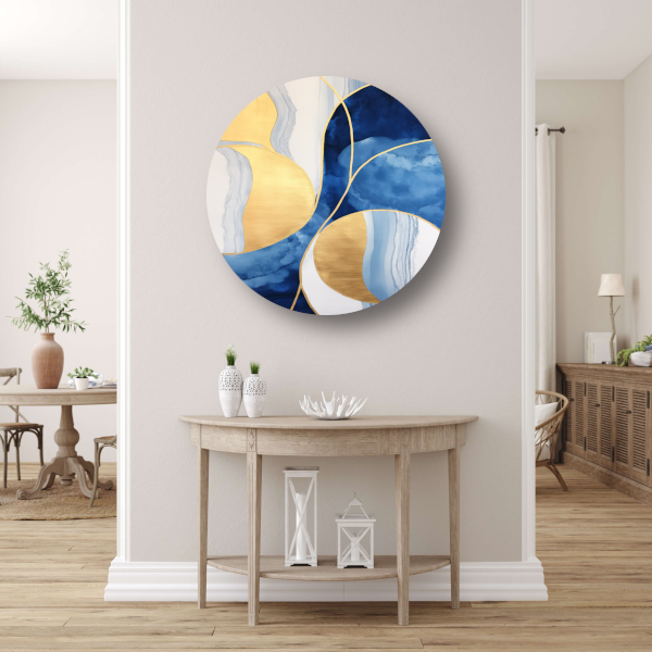 Abstract schilderij in blauw, wit en goud aluminium muurcirkel
