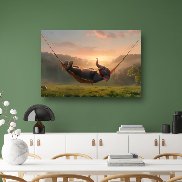 Olifant ontspant in hangmat bij zonsondergang acrylglas