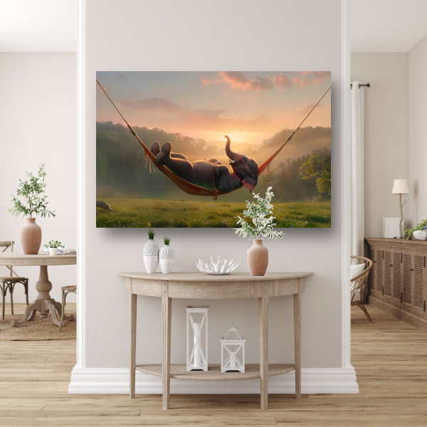 Olifant ontspant in hangmat bij zonsondergang acrylglas