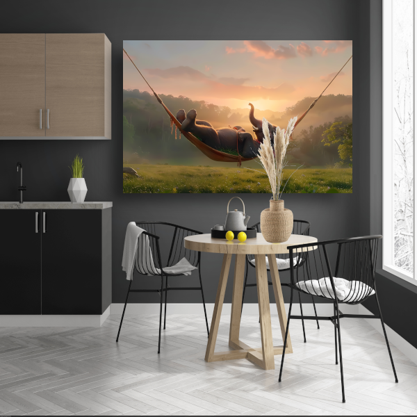 Olifant ontspant in hangmat bij zonsondergang acrylglas