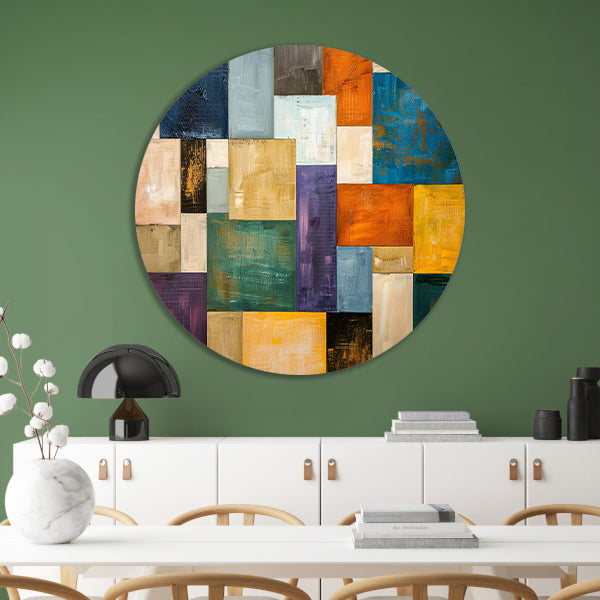 Abstracte kleurrijke rechthoeken met texturen aluminium muurcirkel