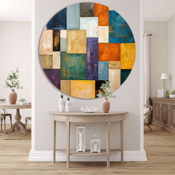 Abstracte kleurrijke rechthoeken met texturen aluminium muurcirkel