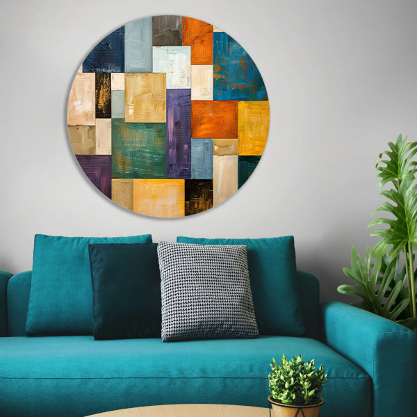 Abstracte kleurrijke rechthoeken met texturen aluminium muurcirkel