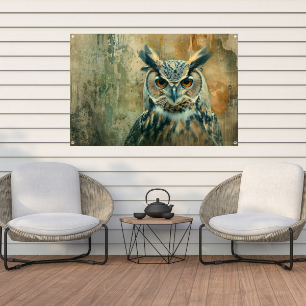 Mystieke uil tegen rustieke achtergrond tuinposter